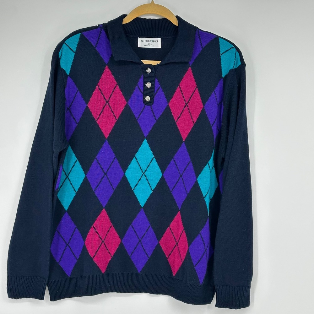 Vintage Alfred Dunner Vintage‎ Argyle Knit Sweater Navy Blue Pink Purple XL USA